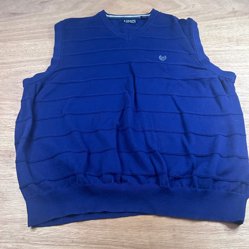 Chaps Mens XXL Blue Sweater Vest Cotton V Neck Striped Knit Pullover